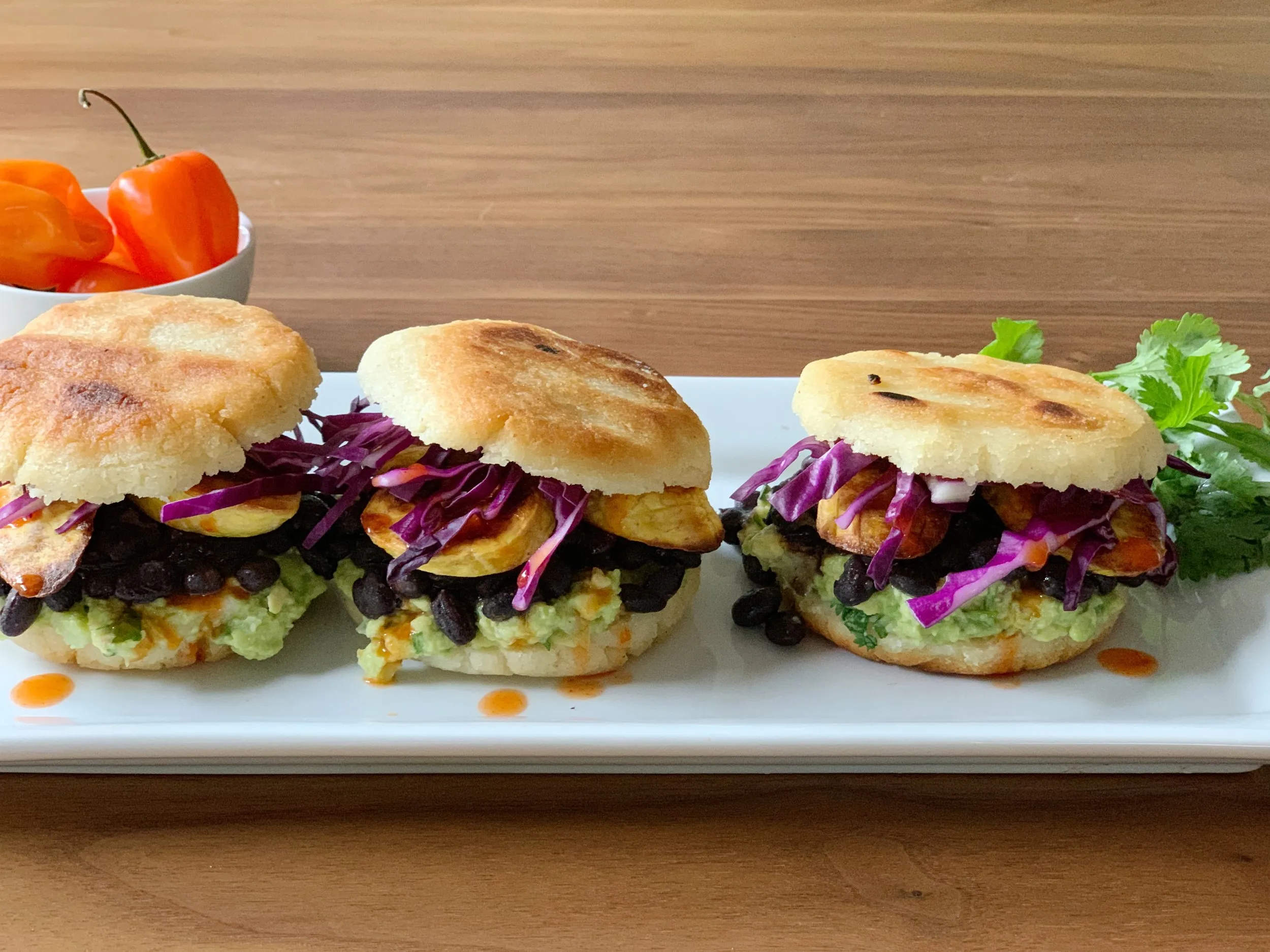 black bean plantain arepa sandwiches