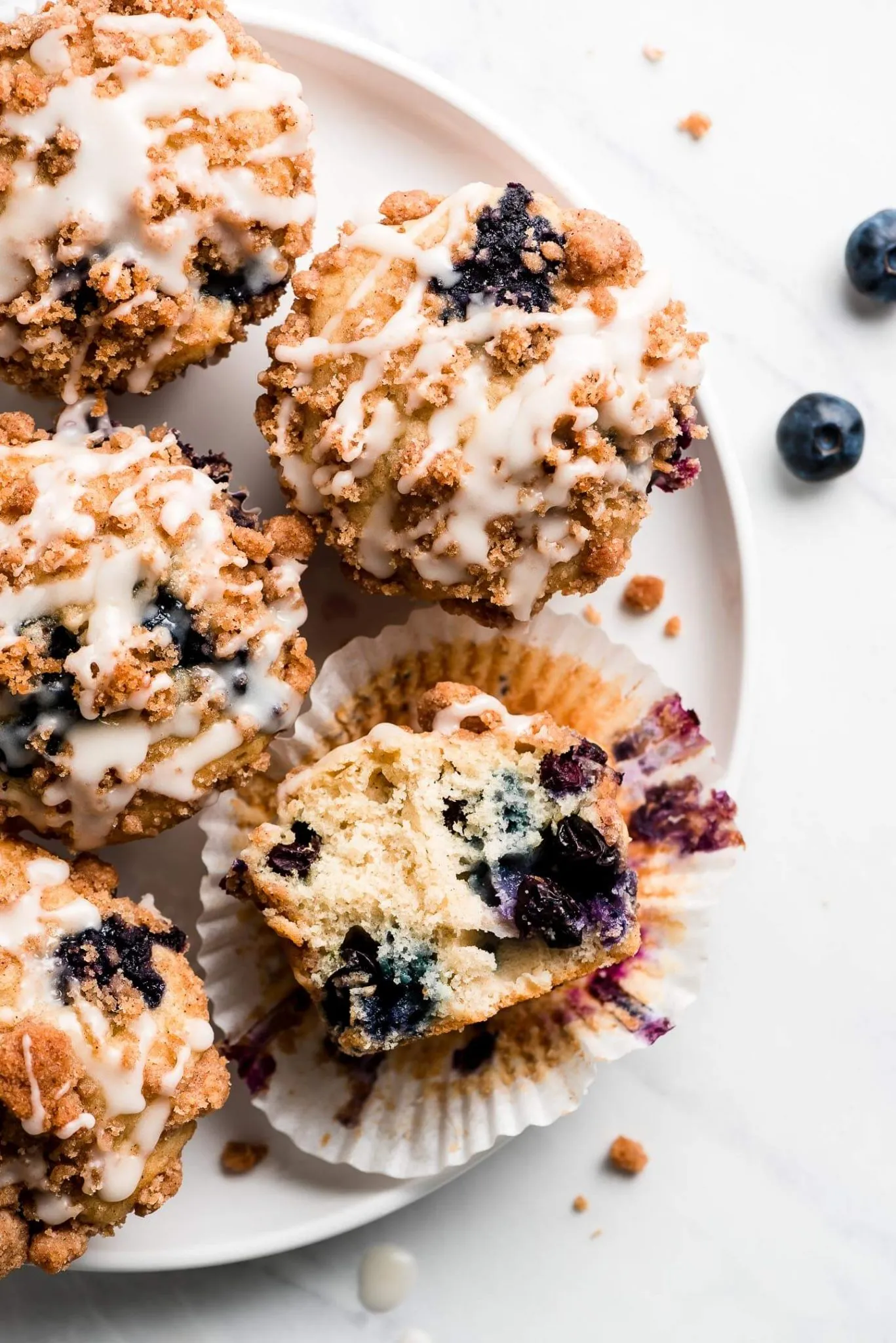 blueberry muffin waffles with cinnamon streusel and vanilla glaze
