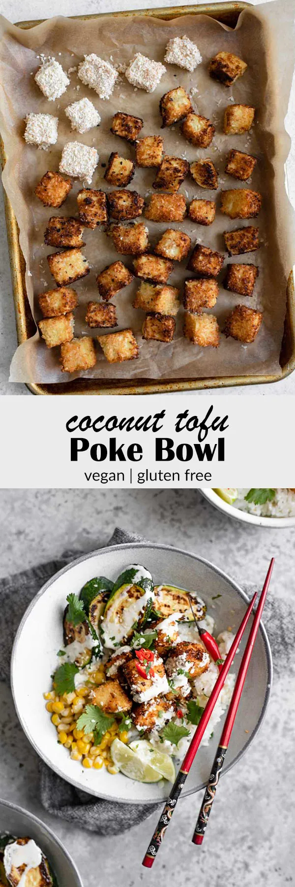 crispy coconut tofu poke bowl with wasabi sauce
