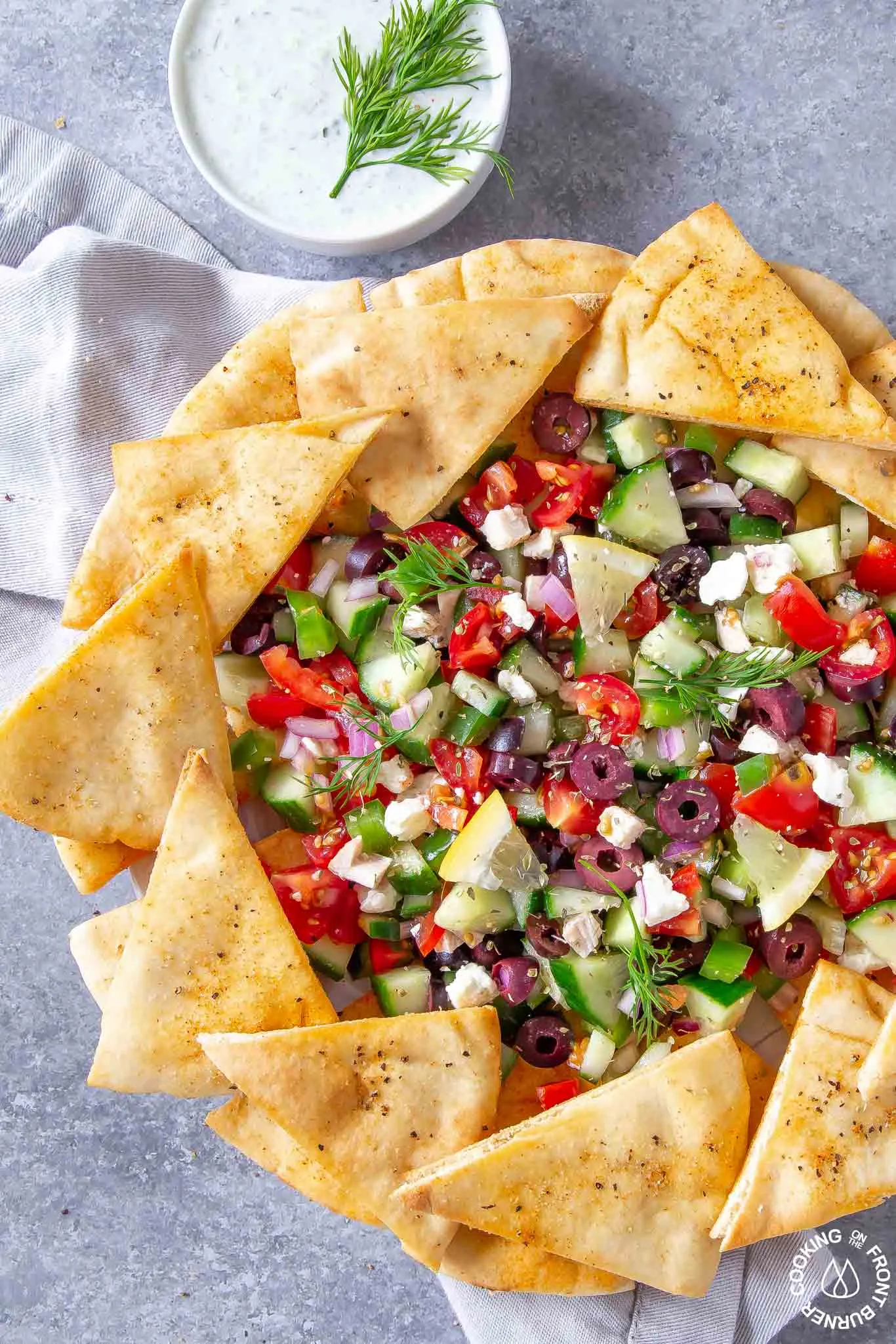 greek styled pita chicken nachos
