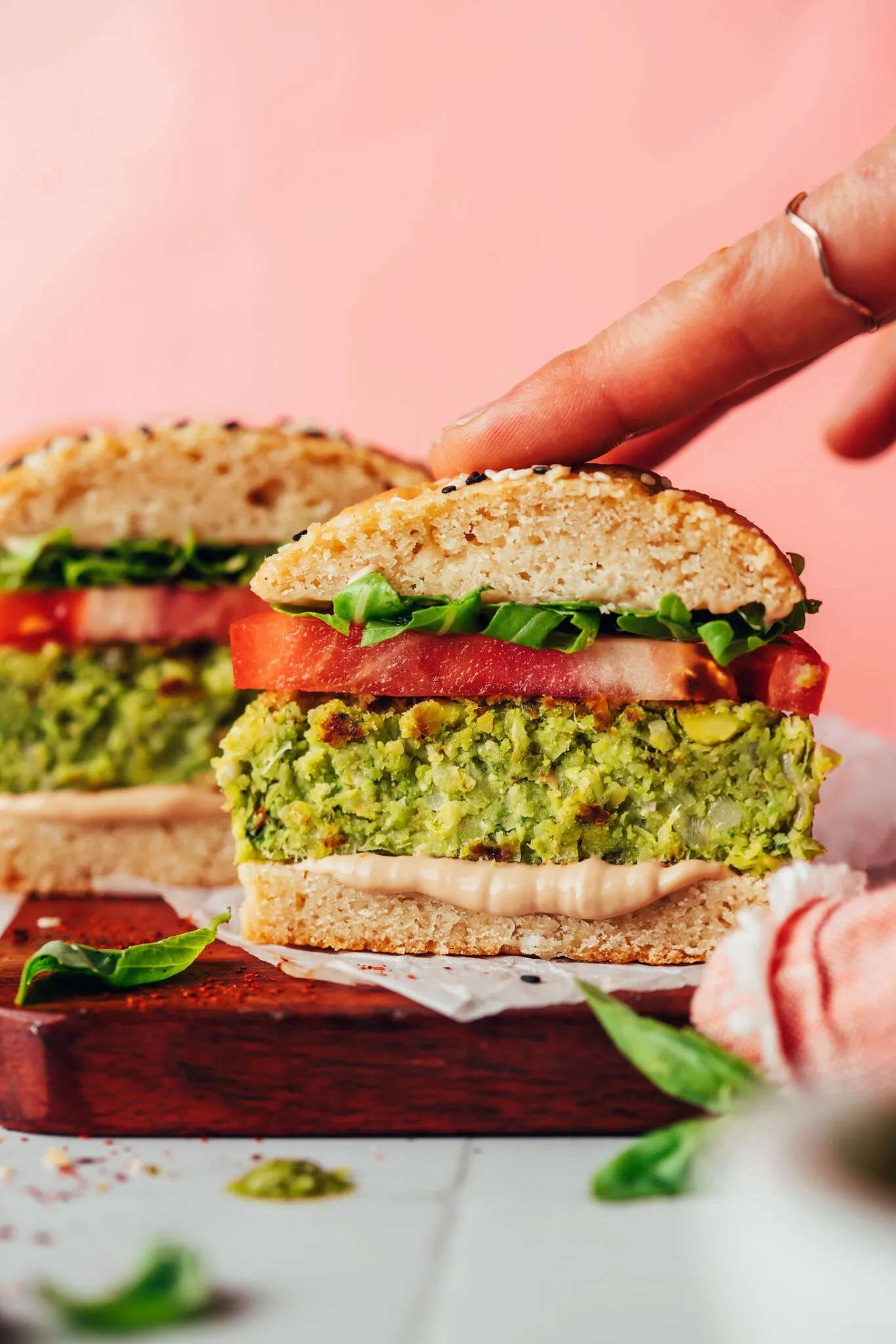pesto veggie burger with sun dried tomato aioli