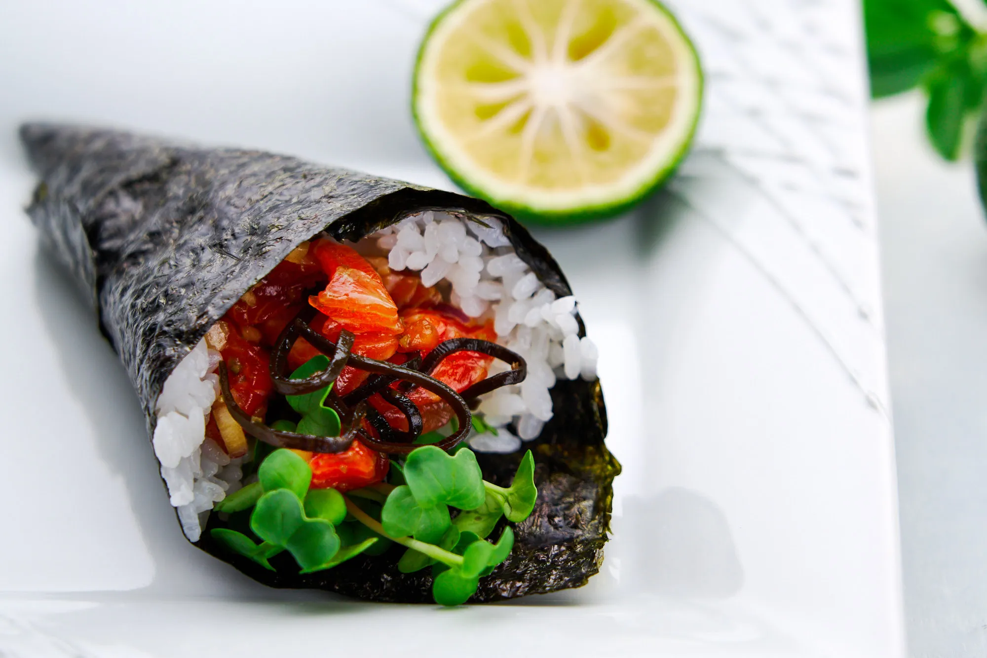 spicy salmon sushi hand roll